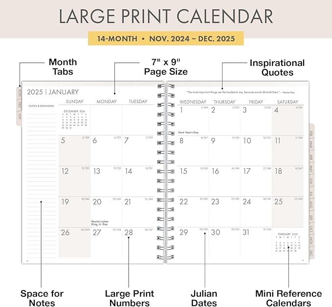 Essential PRO 2025 Daily, Weekly & Monthly Planner, 7"x9": 14 Months (Nov 2024 - Dec 2025) Monthly Tabs,Daily Tracking,Notes Pages,Storage Pocket,Bookmark w Sticky Notes (Teal Floral)