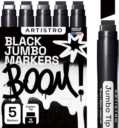 ARTISTRO 5 Black Acrylic Paint Pens, Acrylic Paint Markers Jumbo Tip, Fabric Markers for Textile, Canvas, Rock, Glass, Wood, Paper, DYI, Pens for Kids and Adults