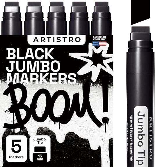 ARTISTRO 5 Black Acrylic Paint Pens, Acrylic Paint Markers Jumbo Tip, Fabric Markers for Textile, Canvas, Rock, Glass, Wood, Paper, DYI, Pens for Kids and Adults