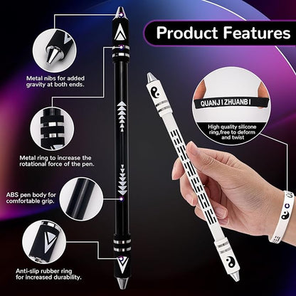 2 Colors Pen Spinning with Silicone Bracelet, Metal Heads Gaming Finger Pen, 8.5In Weighted Rotating Ballpoint Pen, Spinning Pen for Student Adults, No Pen Refill (Black,White)