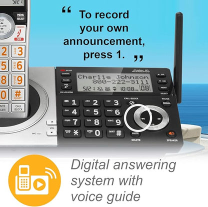 AT&T CL83107 DECT 6.0 Cordless Phone for Home with Dual Keypad Base, Answering Machine, Call Blocking, Caller ID Announcer, Intercom and Long Range, Silver/Black