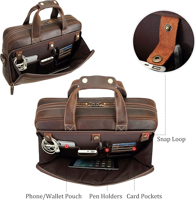 Polare Full Grain Leather 16.5'' Laptop Bag Briefcase for Men Business Messenger Work Bag Fits 15.6'' Laptop