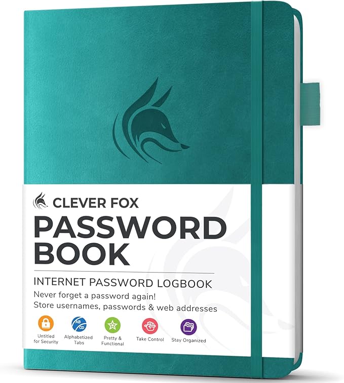 Clever Fox Password Book with Alphabetical tabs. Internet Address Organizer Logbook. Small Pocket Password Keeper for Website Logins (Aquamarine)
