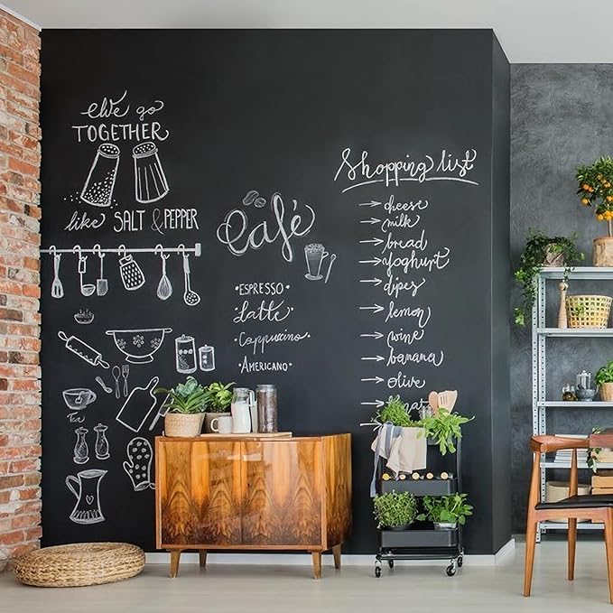 Chalkboard Wallpaper Stick and Peel: Contact Paper Classroom Chalkboard Stickers Chalk Board Paint Self Adhesive Wall Paper with 8 Colorful Chalks(17.5" x 393.7")