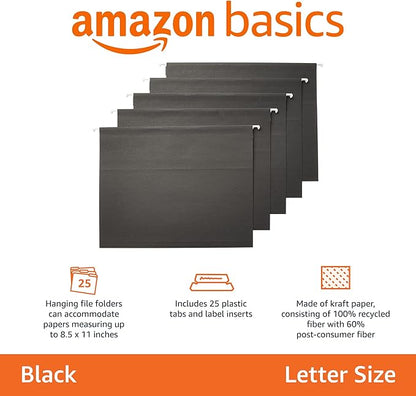 Amazon Basics Hanging File Folders, Letter Size, 8.5x11 inches, Black, 25-Pack