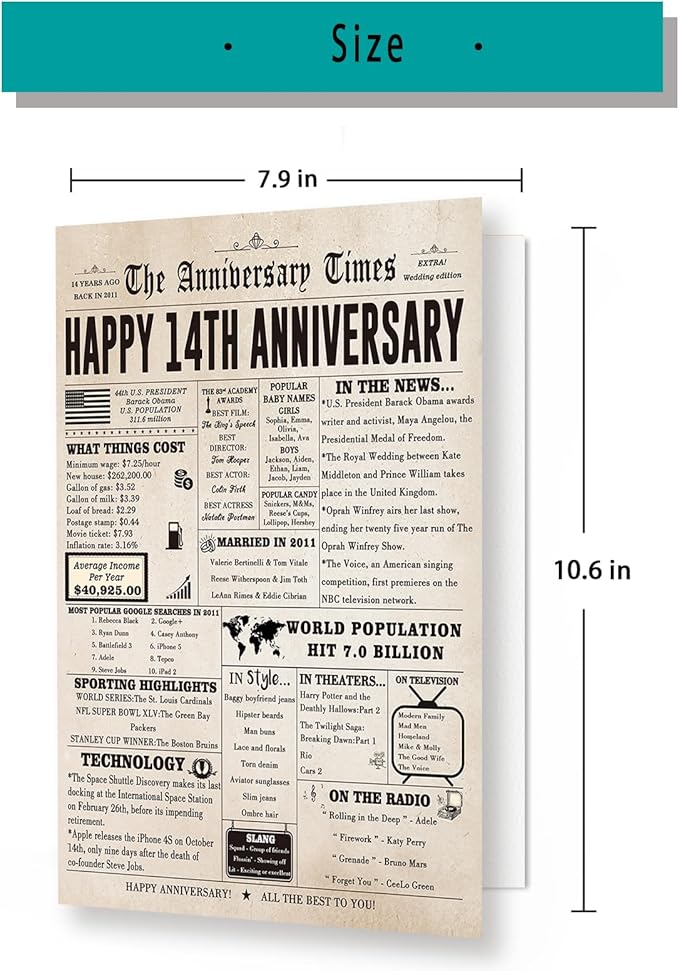 Happy 14th Anniversary Cards Gifts for Women Men, Jumbo 14th Wedding Anniversary Card Gift Ideas for Couple, Lovely 14 Year Anniversary Card for Wife Husband
