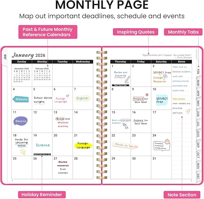 2026 Planner, Weekly and Monthly Calendar Planner, January 2026 - December 2026, Hardcover 2026 Calendar Planner Book with Tabs For Women & Men, Inner Pocket, Spiral Bound, Perfect for Office Home School Supplies - A4 (8.5" x 11"), Berry Pink