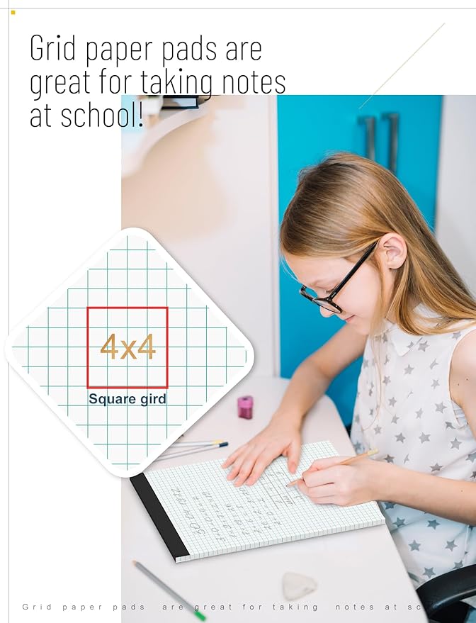 Graph Paper Pad 8.5 x 11, 2 Pack, 4x4 Graph Ruled, Grid Paper Pad 8-1/2" x 11", Blueprint Quadrille Pad, Easy Tears Off, Grid Pad Notebook 8.5 x 11, White 70 GSM Graft Paper, 30 Sheets/Pad