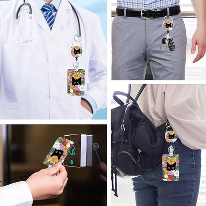 Cute Cat Hidden in The Flowers Badge Holder with Retractable Reel and Breakaway Lanyard，Badge Clips Retractable Heavy Duty Badge Reel，ID Holder with Breakaway Lanyard for School Nurse Office Teen ﻿