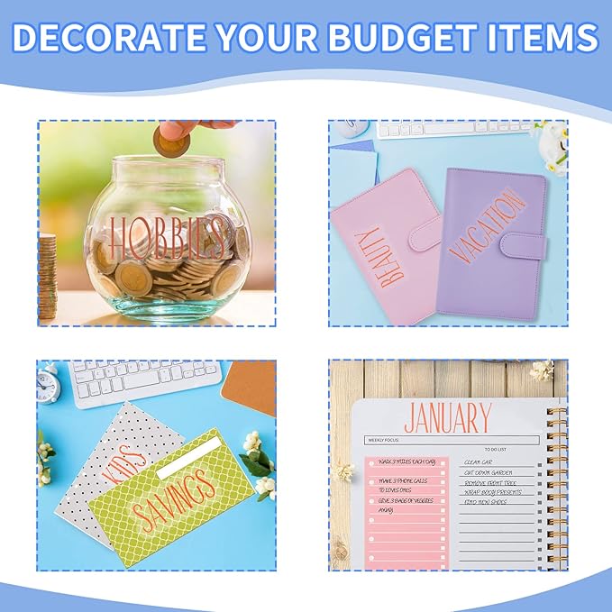 OOUUREC 100 Rose Gold Budget Category Stickers - Clear Vinyl Planner Decals for Cash Envelope System Wallet