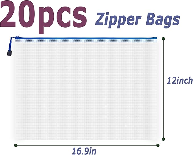 AUSTARK 20 Pcs Zipper File Bags, Plastic Mesh Pouch, Board Game Storage Bag, Waterproof Bags for Office School (A3 Size 16.9''x12'', White and Blue)