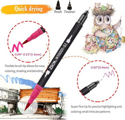 ZSCM 32 Colors Duo Tip Brush Markers Art Pen Set, Artist Fine and Brush Tip Colored Pens, for Adult Coloring Books Christmas Cards Drawing, Note taking Lettering Calligraphy Journaling