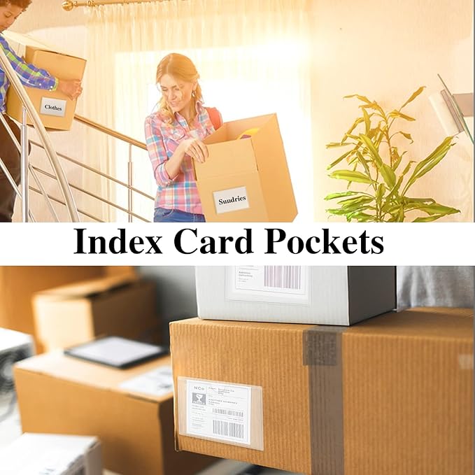 100 Pack Self-Adhesive 3" x 5" Index Card Pockets with Top Open for Loading, Clear Plastic Index Card Lables Holder for Organizing Storage Bins and Protecting Cards Photos Labels