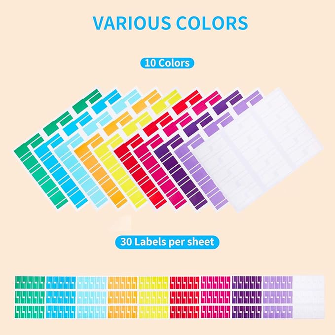 300 Pcs Cable Labels, JIQEZNL Premium 10 Colors Wire Labels Electrical, Waterproof Cord Labels Electronics Tags for Cable Management, Self-Adhesive Cable Labels Tags for Laser Printer and Handwriting