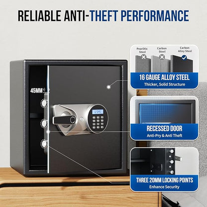 BlackSmith Biometric Safe Box 1.5 Cub Home Security Safe Fingerprint Recognition Money Safe with Keys Keypad Lock Box Secure Jewelry Valuables with Dual Alarm System Fireproof Bag