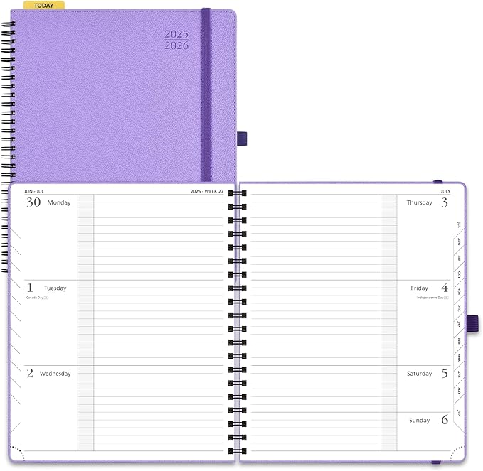 POPRUN Planner 2025-2026, Horizontal Weekly Notebook Jul.25-Jun.26 (Large 8.5''x 10.5''), Academic Calendar Book with Monthly Tabs, Spiral Soft Cover, Inner Pocket, 100 GSM - Lavender