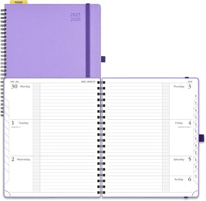 POPRUN Planner 2025-2026, Horizontal Weekly Notebook Jul.25-Jun.26 (Large 8.5''x 10.5''), Academic Calendar Book with Monthly Tabs, Spiral Soft Cover, Inner Pocket, 100 GSM - Lavender