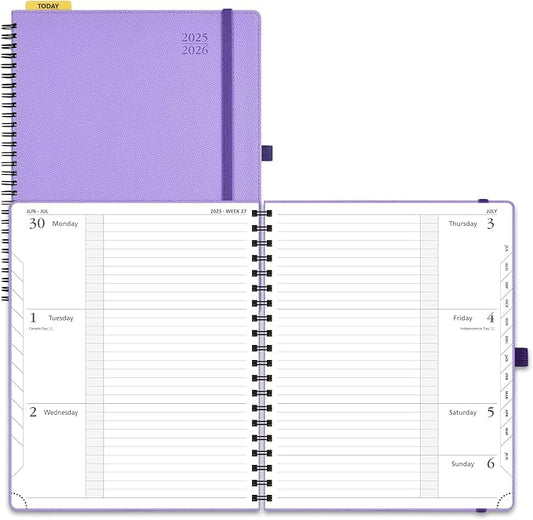 POPRUN Planner 2025-2026, Horizontal Weekly Notebook Jul.25-Jun.26 (Large 8.5''x 10.5''), Academic Calendar Book with Monthly Tabs, Spiral Soft Cover, Inner Pocket, 100 GSM - Lavender