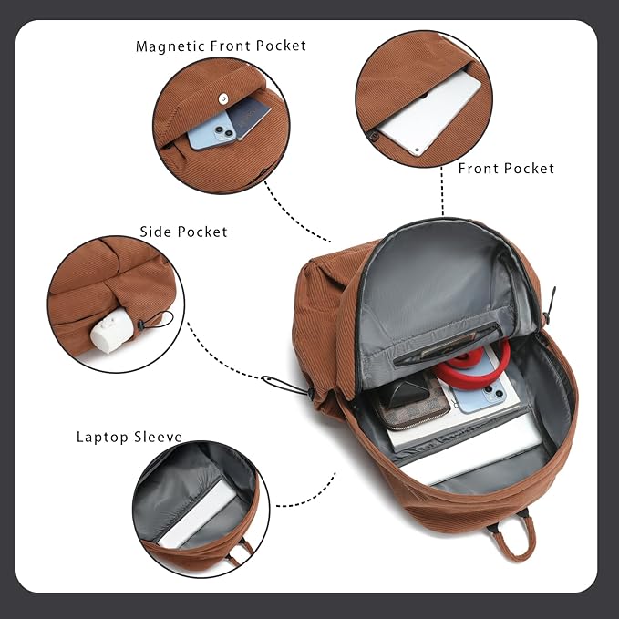 YGR Laptop Backpack for Women and Men, Waterproof Lightweight Travel Daily Rucksack Casual 15.6 inches Computer Bags for College, Brown Corduroy