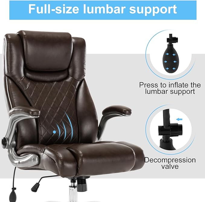 Executive Office Chair Desk Swivel Chair High Back Computer Chair - Adjustable Lumbar Support with Flip-Up Arms PU Leather Chair with Spring Cushion (Brown)