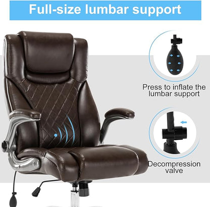 Executive Office Chair Desk Swivel Chair High Back Computer Chair - Adjustable Lumbar Support with Flip-Up Arms PU Leather Chair with Spring Cushion (Brown)
