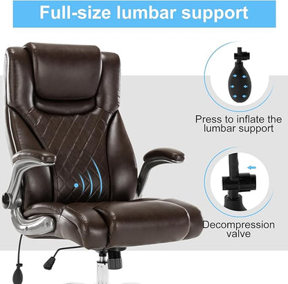 Executive Office Chair Desk Swivel Chair High Back Computer Chair - Adjustable Lumbar Support with Flip-Up Arms PU Leather Chair with Spring Cushion (Brown)