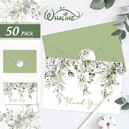 Whaline 50 Pack Greenery Thank You Cards Bulk Boxed Watercolor Eucalyptus Leaves Foil Gold Thank You Note Cards with Envelope Sticker for Thanksgiving Wedding