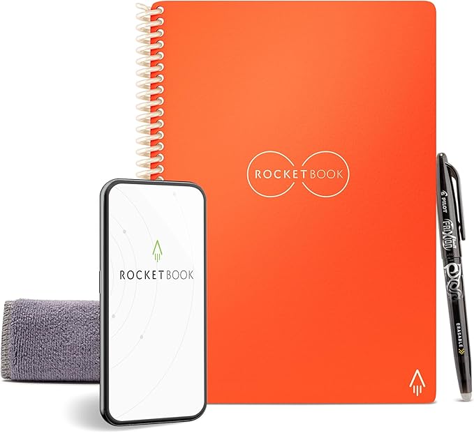 Rocketbook Core Reusable Spiral Notebook, Executive Size 6x8.8, Orange - Lined Pages, App-Connected, Erasable, Durable Cover, Ideal for School, Work, and Creative Projects