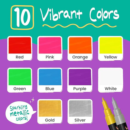 Extra Fine Tip Liquid Chalk Markers (1mm, 10 Pack) with Gold & Silver - Erasable Dry Erase Marker Pens for Blackboard, Windows, Chalkboard Markers, Bistro, Restaurants - Thin Point Chalk Pens Set