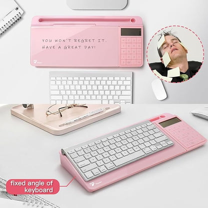 TOWON Desktop Whiteboard with Electronic Calculator and Mirror, Pink Desk Glass Whiteboard Organized, Glass Desktop Dry Erase Board with Accessories for Home Office Supply, Keyboard Dry Erase Notepad