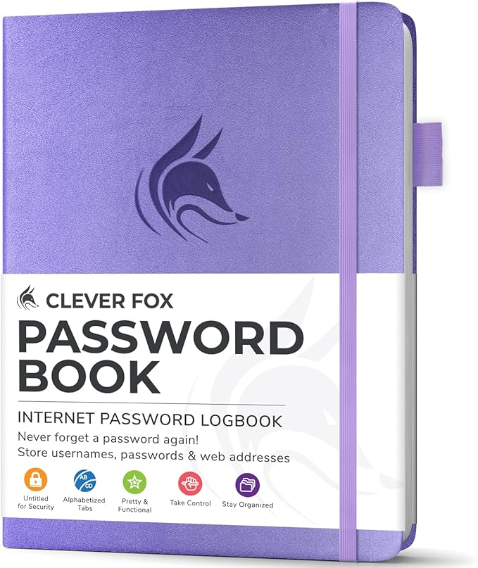 Clever Fox Password Book with Alphabetical tabs. Internet Address Organizer Logbook. Small Pocket Password Keeper for Website Logins (Lavender)