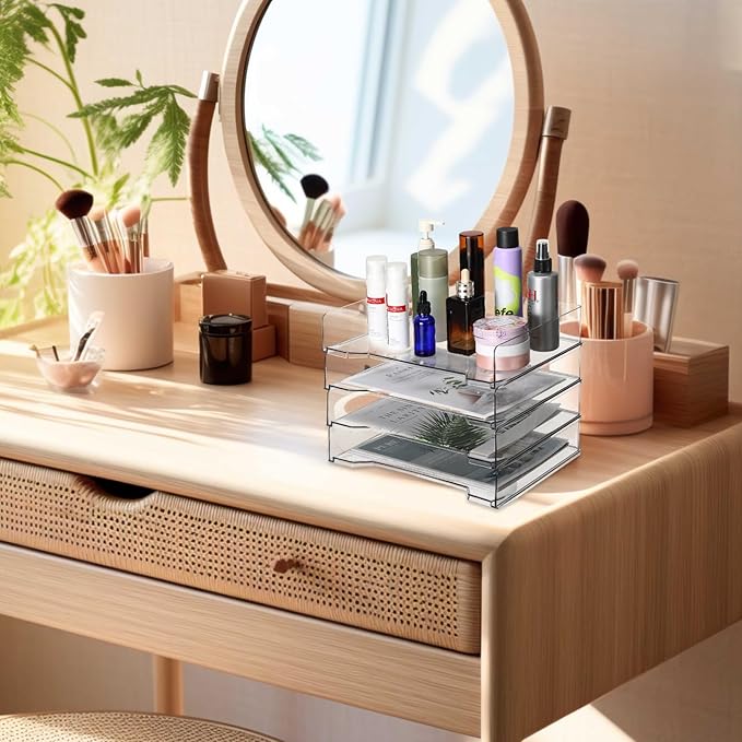 12 Pcs Stackable Letter Tray Rectangular Plastic Desk Organizer 13 x 9.5 x 2.6 in Paper Holder File Tray Accessories Rack for Desktop Office Desk Drawers (Clear)