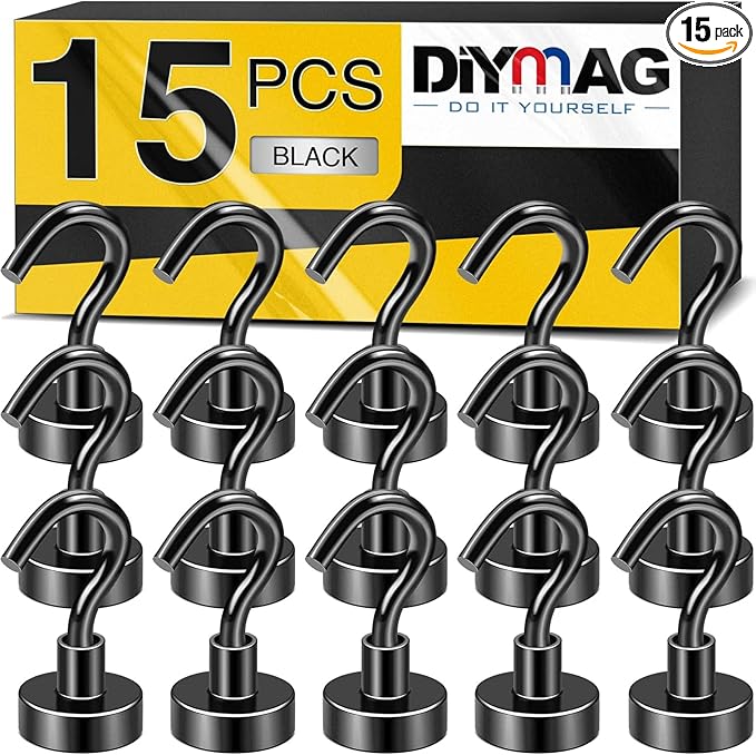 DIYMAG Magnetic Hooks, 30Lbs Strong Heavy Duty Cruise Magnet S-Hooks for Classroom, Fridge, Hanging, Cabins, Grill, Kitchen, Garage, Workplace and Office etc, (15 Pack-Black),Screw in Hooks