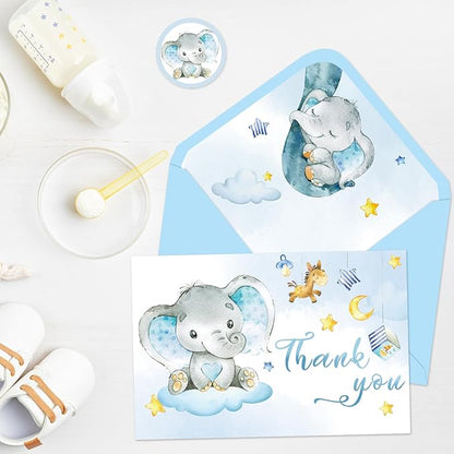 Whaline 24 Packs Elephant Thank You Cards Blue Baby Elephant Greeting Cards Cute Cartoon Blank Note Cards with Envelopes and Stickers for Baby Shower Birthday Holiday Party Supplies, 4 x 6 Inch