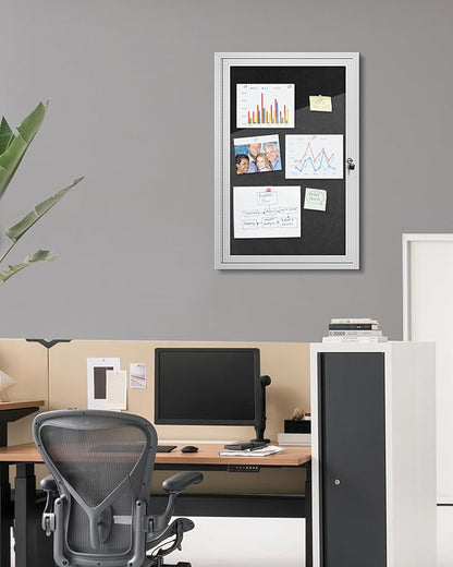 36"x24" Enclosed Bulletin Board, Outdoor Lockable Weather-Resistant Aluminum Cork Noticeboard for School & Office, Silver Frame w/Black Flet