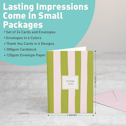 S&O Palm Beach Thank You Cards with Envelopes, Blank Greeting sheets for Handwritten Messages, Set of 24 stylish Notes and Covers, Assorted Thank You decor notes with Color full Envelopes Mix & Match