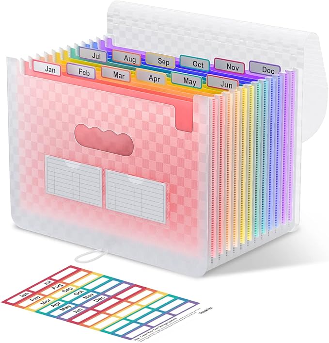 ThinkTex Accordian File Organizer, 12 Pockets Expanding File Folders, Portable Monthly Bill Receipt Organizer, Colorful Tabs, Letter/A4 Size - Pink