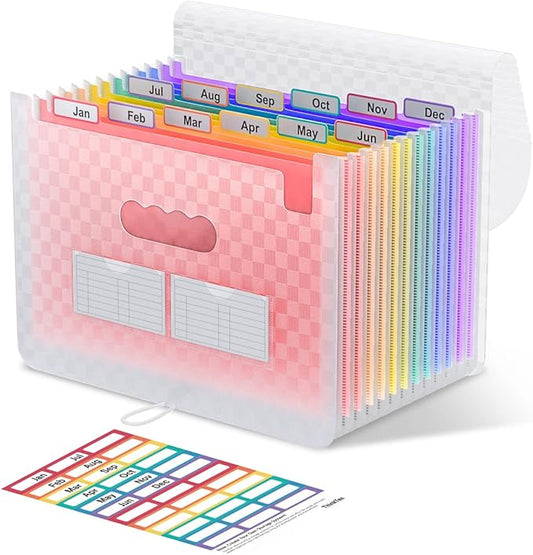 ThinkTex Accordian File Organizer, 12 Pockets Expanding File Folders, Portable Monthly Bill Receipt Organizer, Colorful Tabs, Letter/A4 Size - Pink