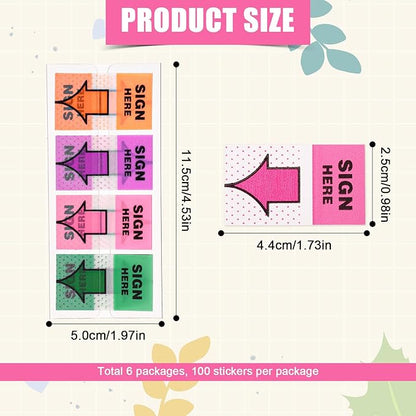 600pcs/6 Packs Sign Here Tabs, Arrow Labels Stickers Sticky Signature Tags Adhesive Message Flags for Documents Notebooks Home Office School Supplies (Orange, Purple)