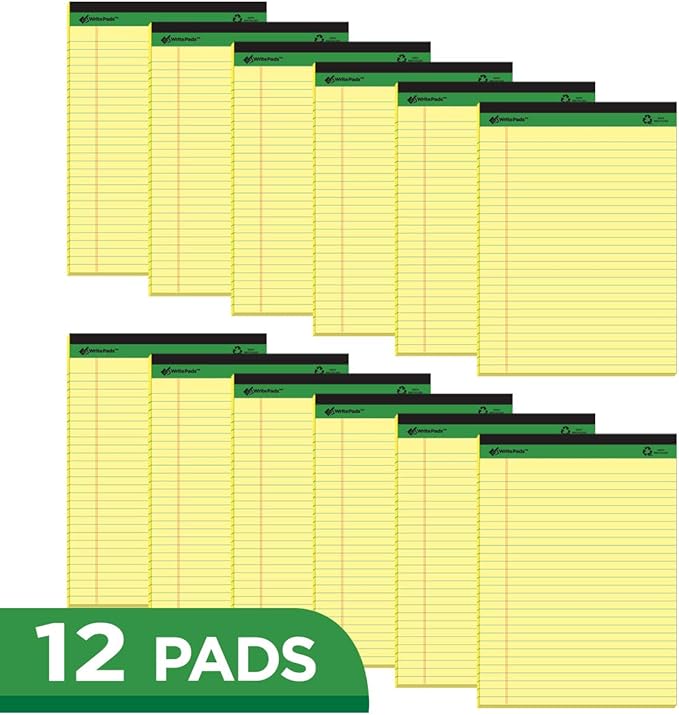 KAISA Legal Pads Writing Pads Recycled Paper, Wide Ruled 8.5"x11.75" Perforated 50 Sheets Notepads 8-1/2"x 11-3/4" Writed Pad, Canary 24Pads, KSU-5668