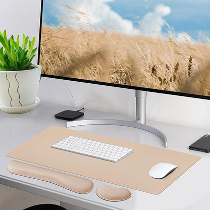 Bloss Leather Desk Pad and Keyboard Wrist Rest, Large Mouse Pad + Keyboard Pad+Mouse Wrist Support, Non-Slip Desk Mat Protector for Office, Home(31.5×15.7 Inches,Beige)