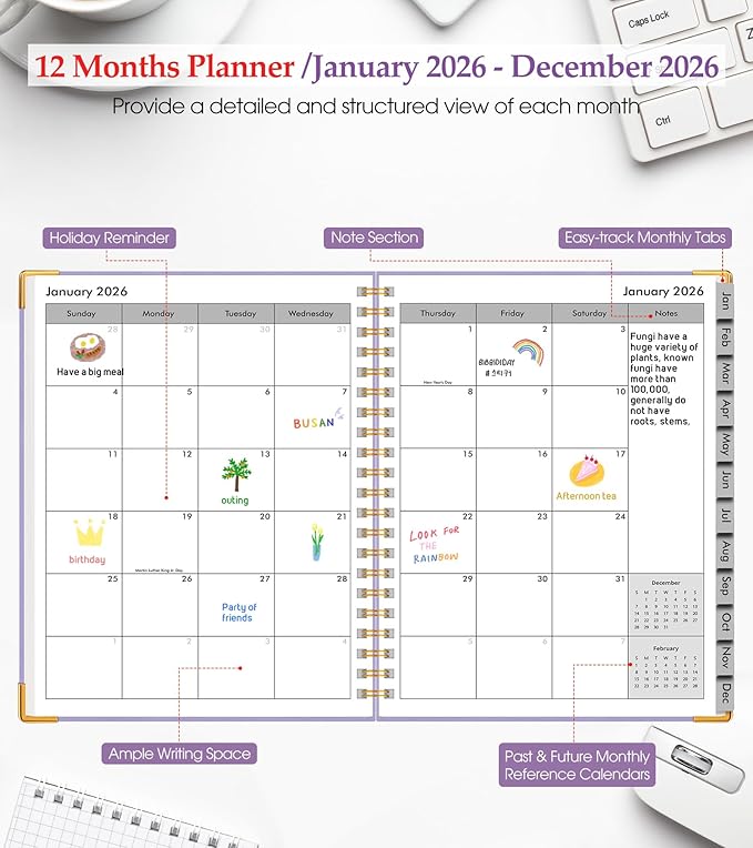 2026 Planner, Weekly and Monthly Calendar Planner from January 2026 - December 2026, 5.75" x 8.38" Hardcover Leather Hourly Appointment Book with Tabs, A5 Spiral Daily Planners for College School Work Home, Purple