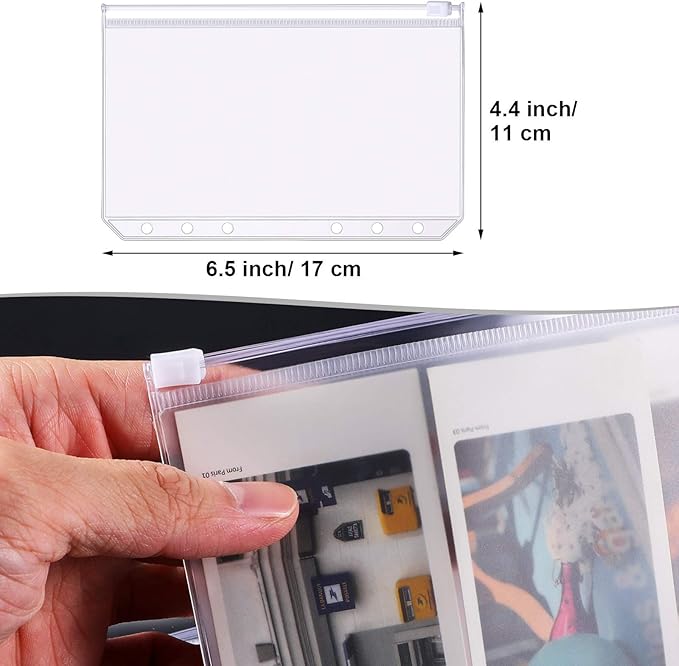 60 Packs A6 Size 6 Holes Binder Pockets Plastic Binder Zipper Folders Waterproof 6 Holes Zipper Loose Leaf Bags for Documents Notebooks Cards