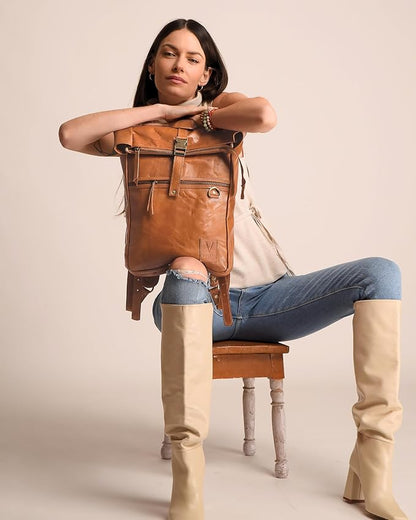 Genuine Leather Backpack for Women, Roll Top Backpack, Laptop Bookbag, Roll On Vintage Rucksack for College, Work & Travel, Brown, Medium - 15.3 Inch