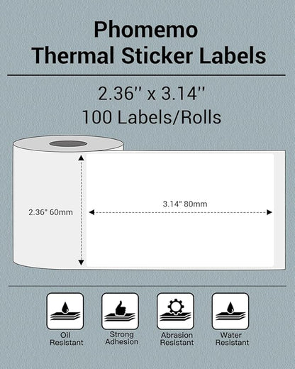 Phomemo Thermal Sticker Labels- 2.36"x 3.14"(60x80mm) Thermal Label for M221/M220/M200, for Barcode/Address/Mailing/Logo/Business/Home Tag