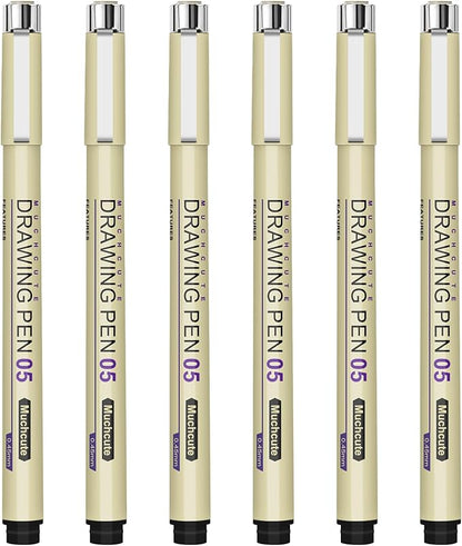 Muchcute 05 Fine Point Writing Pens: 6 Black 0.45mm Thin Micron Pen 05 No Bleed Bible Journaling Study Supplies Annotation Smooth Waterproof Micro Line Needle Tip Fineliner Gel Felt Ink Markers Stuff