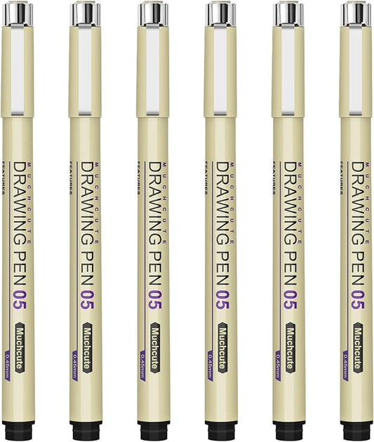 Muchcute 05 Fine Point Writing Pens: 6 Black 0.45mm Thin Micron Pen 05 No Bleed Bible Journaling Study Supplies Annotation Smooth Waterproof Micro Line Needle Tip Fineliner Gel Felt Ink Markers Stuff