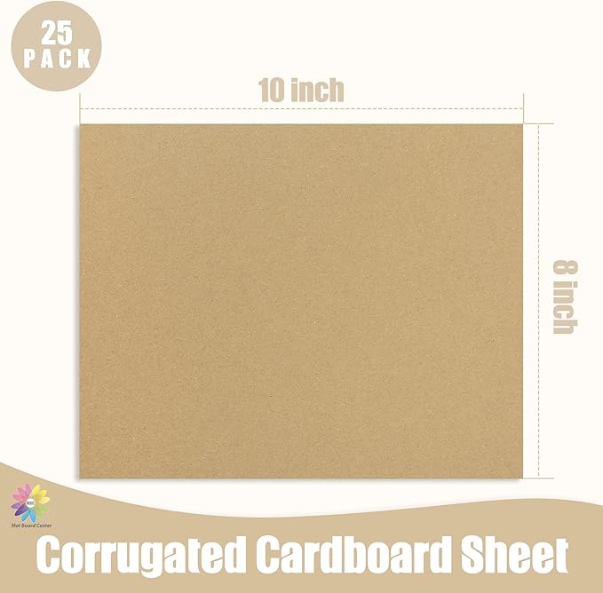 Mat Board Center, 25 pack 8x10 Brown Cardboard sheet, 1/8 inch thick, Flat Corrugated Cardboard Inserts for Packing, Shipping, Mailing, Cardboard Backing, Art Craft Card Board