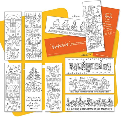 Christian Colouring Bookmarks, Psalms, Pack of 10 Different Designs, with Coloured Bible Verse on Reverse. Makes a Great Christian Gift for Adults or Children, by Just Cards Direct. (Orange/IOJBM)
