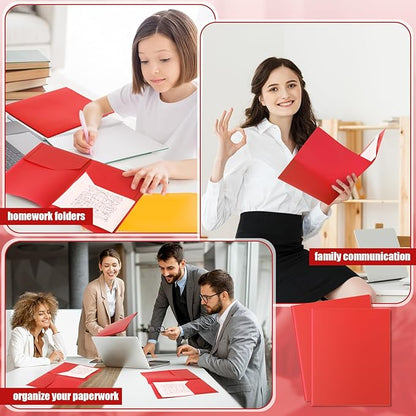 Gueevin 50 Pcs Plastic Folders with Pockets, Two Pocket Folder Fit Letter Size, Heavy Duty School Business Card Holder for Home Office School Bussiness, 11.61 x 9.45 Inches (Red)
